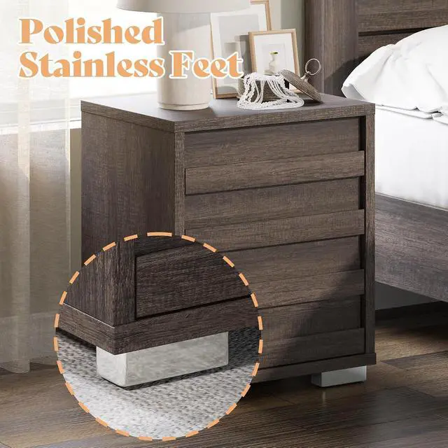 Alt view image 4 of 7 - End Tables with Charging Station, Wood Bedside Table with 2 Drawers, Farmhouse Nightstand Set of 2 with Slated Handles & Stainless Steel Feet for Bedroom, Living Room, Grey