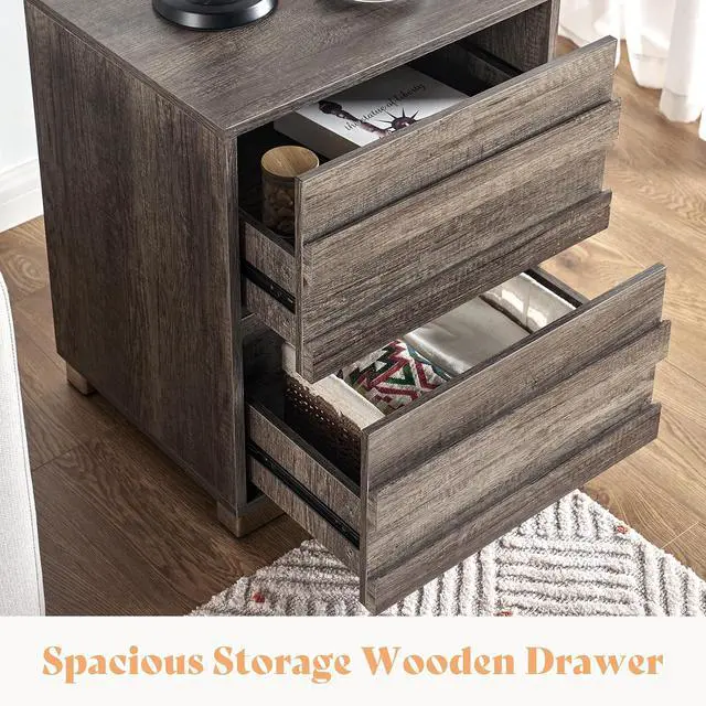 Alt view image 6 of 7 - End Tables with Charging Station, Wood Bedside Table with 2 Drawers, Farmhouse Nightstand Set of 2 with Slated Handles & Stainless Steel Feet for Bedroom, Living Room, Grey