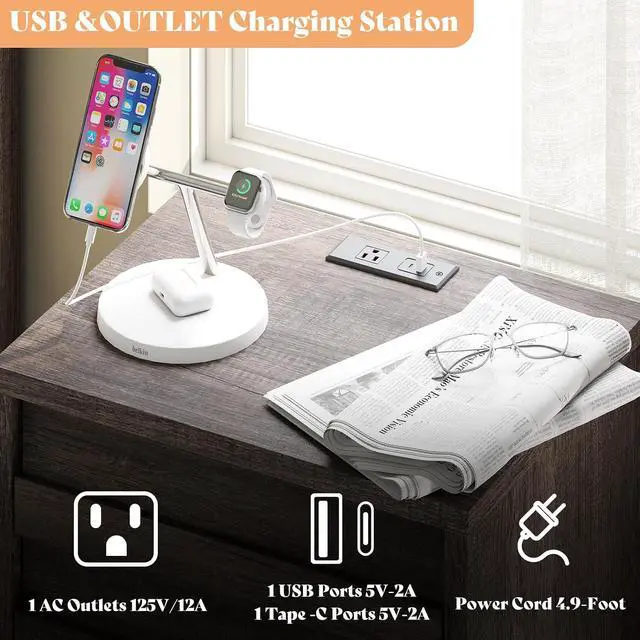 Alt view image 5 of 7 - End Tables with Charging Station, Wood Bedside Table with 2 Drawers, Farmhouse Nightstand Set of 2 with Slated Handles & Stainless Steel Feet for Bedroom, Living Room, Grey