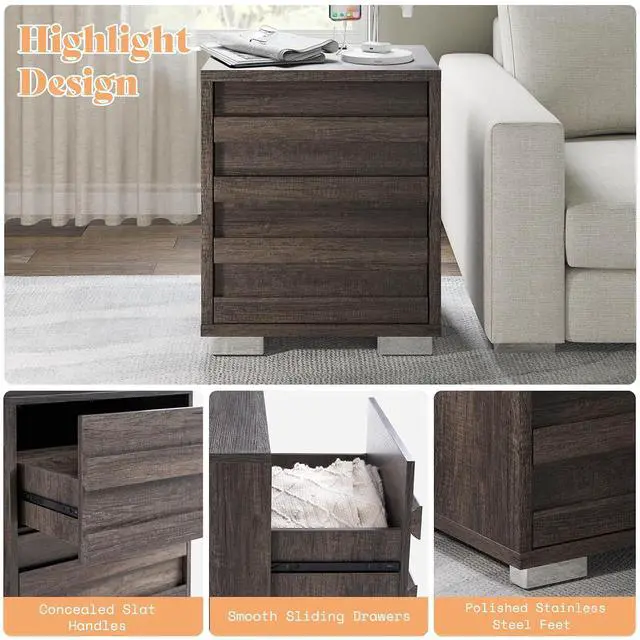 Alt view image 7 of 7 - End Tables with Charging Station, Wood Bedside Table with 2 Drawers, Farmhouse Nightstand Set of 2 with Slated Handles & Stainless Steel Feet for Bedroom, Living Room, Grey