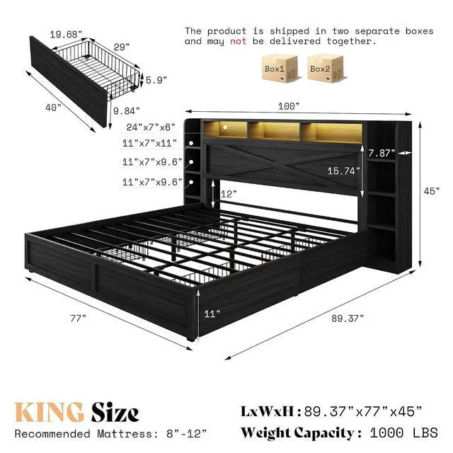 Alt view image 2 of 7 - 45'' Farmhouse King Bed Frame with 4 Drawers, LED Bed Frame with Bookcase Headboard & Side Shelves, Wood Platform Bed with Charging Station, Black