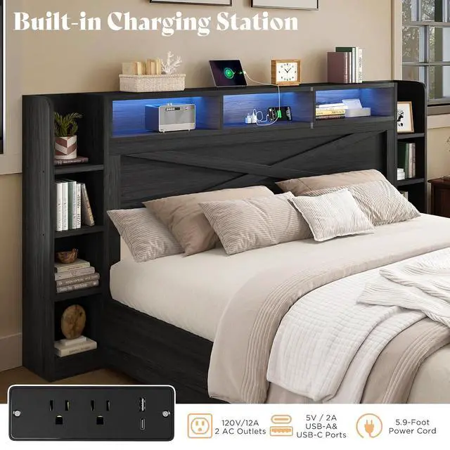 Alt view image 6 of 7 - 45'' Farmhouse King Bed Frame with 4 Drawers, LED Bed Frame with Bookcase Headboard & Side Shelves, Wood Platform Bed with Charging Station, Black