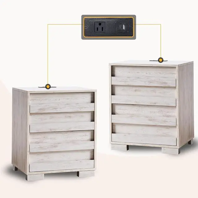 Main image of End Tables with Charging Station, Wood Bedside Table with 2 Drawers, Farmhouse Nightstand Set of 2 with Slated Handles & Stainless Steel Feet for Bedroom, Living Room, Distressed White