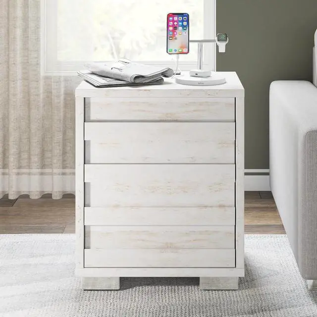 Alt view image 2 of 7 - End Tables with Charging Station, Wood Bedside Table with 2 Drawers, Farmhouse Nightstand Set of 2 with Slated Handles & Stainless Steel Feet for Bedroom, Living Room, Distressed White