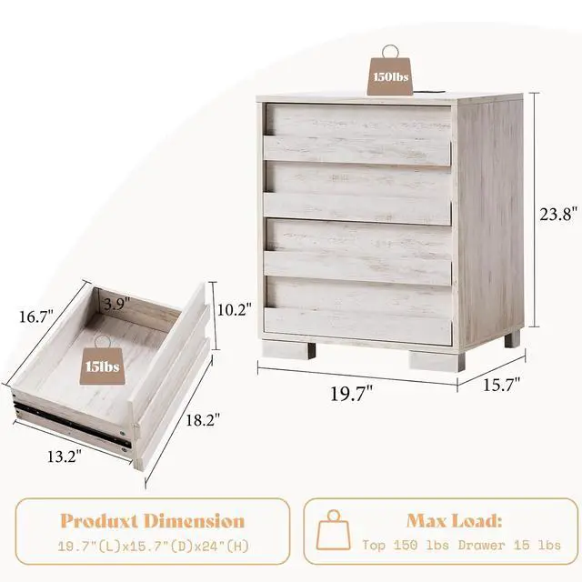 Alt view image 3 of 7 - End Tables with Charging Station, Wood Bedside Table with 2 Drawers, Farmhouse Nightstand Set of 2 with Slated Handles & Stainless Steel Feet for Bedroom, Living Room, Distressed White