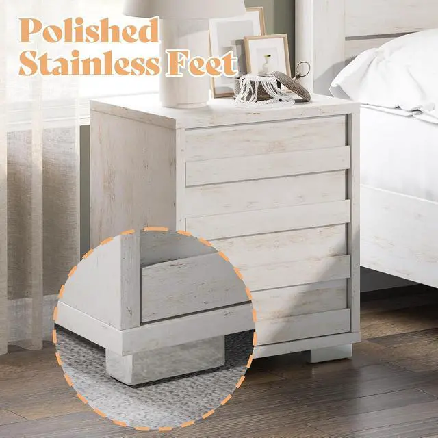 Alt view image 4 of 7 - End Tables with Charging Station, Wood Bedside Table with 2 Drawers, Farmhouse Nightstand Set of 2 with Slated Handles & Stainless Steel Feet for Bedroom, Living Room, Distressed White