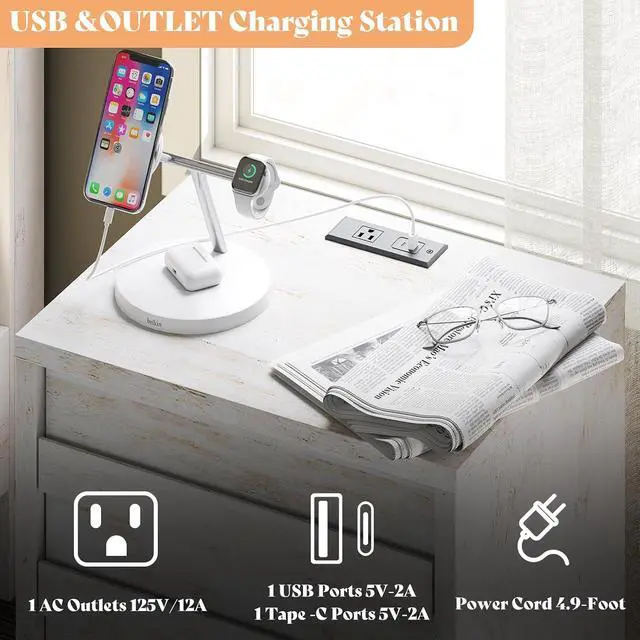 Alt view image 5 of 7 - End Tables with Charging Station, Wood Bedside Table with 2 Drawers, Farmhouse Nightstand Set of 2 with Slated Handles & Stainless Steel Feet for Bedroom, Living Room, Distressed White