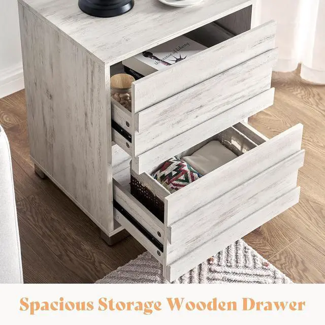 Alt view image 6 of 7 - End Tables with Charging Station, Wood Bedside Table with 2 Drawers, Farmhouse Nightstand Set of 2 with Slated Handles & Stainless Steel Feet for Bedroom, Living Room, Distressed White