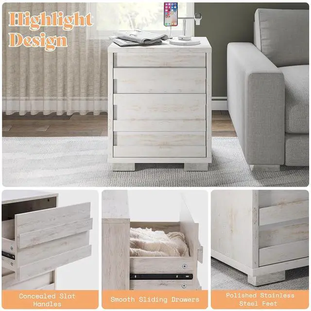 Alt view image 7 of 7 - End Tables with Charging Station, Wood Bedside Table with 2 Drawers, Farmhouse Nightstand Set of 2 with Slated Handles & Stainless Steel Feet for Bedroom, Living Room, Distressed White