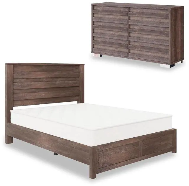 Main image of 2-Piece Farmhouse Bedroom Set, Queen Size Bed Frame and 6 Drawer Dresser, Platform Bed with 49" Fluted Headboard, 54" Wide Wood Chest of Drawer for Bedroom, Grey