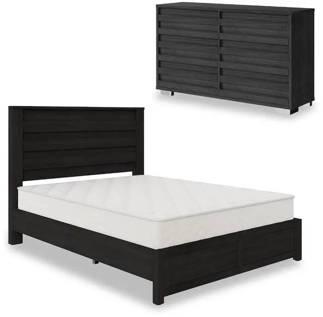 Main image of 2-Piece Farmhouse Bedroom Set, Full Bed Frame and 6 Drawer Dresser, Platform Bed with 49" Fluted Headboard, 54" Wide Wood Chest of Drawer for Bedroom, Black