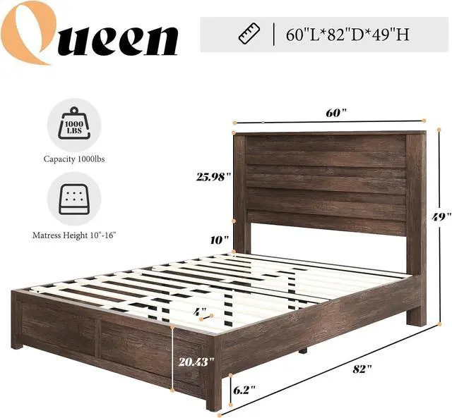 Alt view image 2 of 7 - 2-Piece Farmhouse Bedroom Set, Queen Size Bed Frame and 6 Drawer Dresser, Platform Bed with 49" Fluted Headboard, 54" Wide Wood Chest of Drawer for Bedroom, Grey