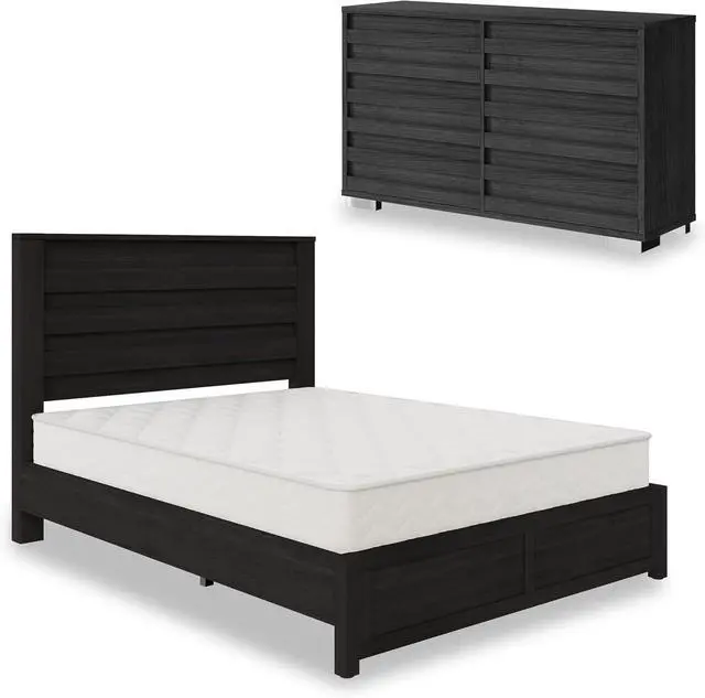 Main image of 2-Piece Farmhouse Bedroom Set, Queen Size Bed Frame and 6 Drawer Dresser, Platform Bed with 49" Fluted Headboard, 54" Wide Wood Chest of Drawer for Bedroom, Black