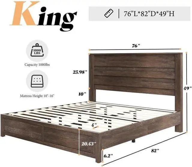 Alt view image 2 of 7 - 2-Piece Farmhouse Bedroom Set, King Size Bed Frame and 6 Drawer Dresser, Platform Bed with 49" Fluted Headboard, 54" Wide Wood Chest of Drawer for Bedroom, Grey