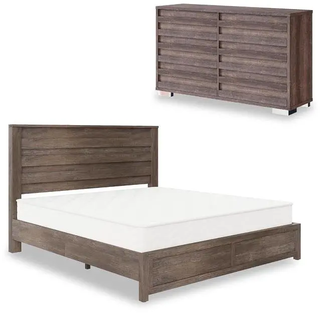 Main image of 2-Piece Farmhouse Bedroom Set, King Size Bed Frame and 6 Drawer Dresser, Platform Bed with 49" Fluted Headboard, 54" Wide Wood Chest of Drawer for Bedroom, Grey