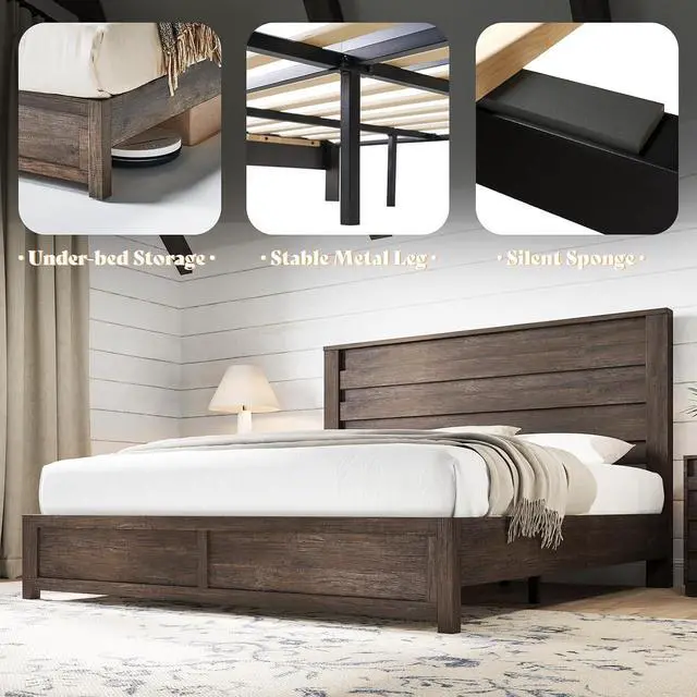 Alt view image 6 of 7 - 2-Piece Farmhouse Bedroom Set, King Size Bed Frame and 6 Drawer Dresser, Platform Bed with 49" Fluted Headboard, 54" Wide Wood Chest of Drawer for Bedroom, Grey