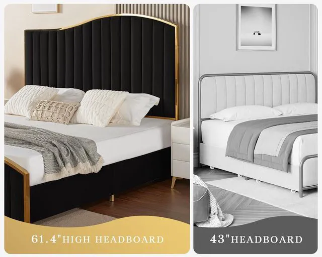 Alt view image 3 of 7 - King Size Bed Frame with 61.4" Tall Headboard, Velvet Upholstered Platform Bed with Gold Trim & Footboard, Wooden Slat Support, No Box Spring Needed, Black