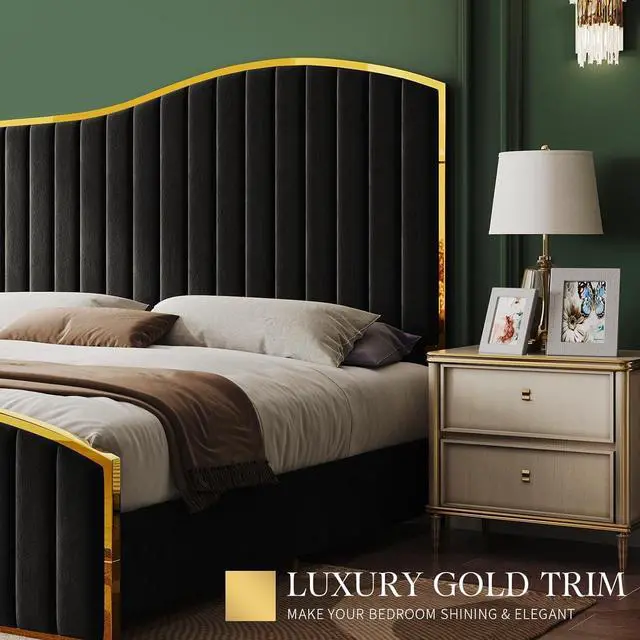 Alt view image 4 of 7 - King Size Bed Frame with 61.4" Tall Headboard, Velvet Upholstered Platform Bed with Gold Trim & Footboard, Wooden Slat Support, No Box Spring Needed, Black