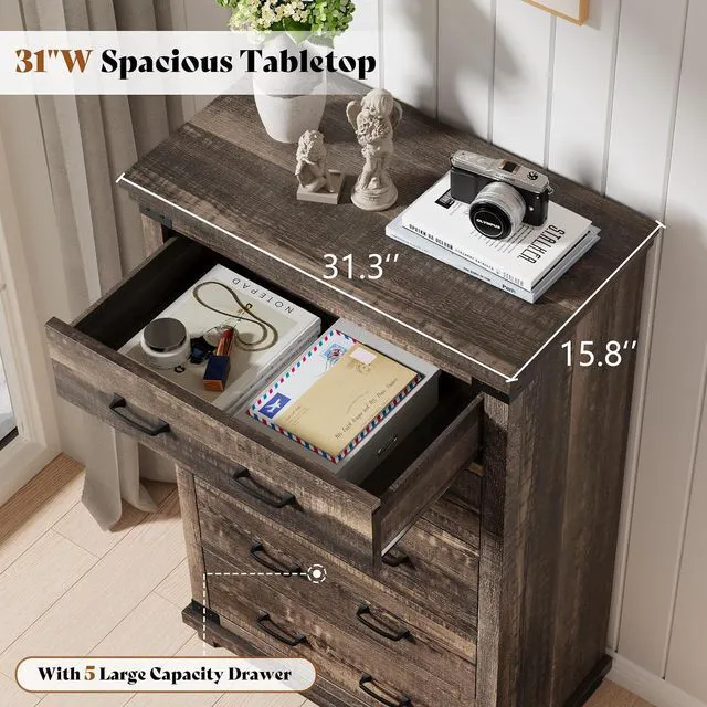 Alt view image 3 of 7 - Farmhouse 5 Drawer Dresser, 48" Tall Wood Chest of Drawers with Anti-Tip Design & Smooth Metal Rails, Storage Cabinet for Bedroom, Living Room & Entryway, Black Oak
