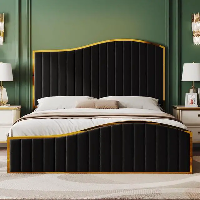 Alt view image 6 of 6 - Queen Size Bed Frame with 61.4" Tall Headboard, Velvet Upholstered Platform Bed with Gold Trim & Footboard, Wooden Slat Support, No Box Spring Needed, Black