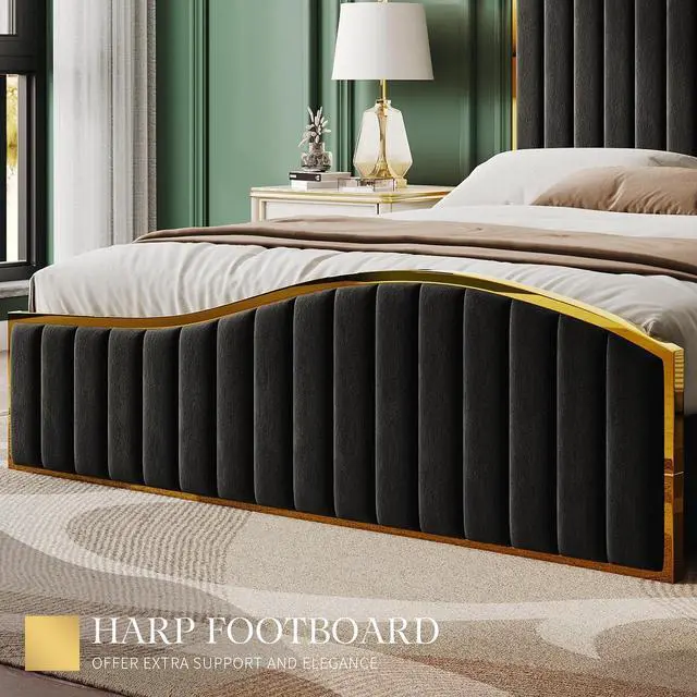 Alt view image 5 of 6 - Queen Size Bed Frame with 61.4" Tall Headboard, Velvet Upholstered Platform Bed with Gold Trim & Footboard, Wooden Slat Support, No Box Spring Needed, Black