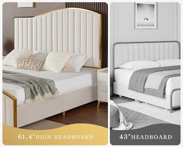 Alt view image 3 of 6 - King Size Bed Frame with 61.4" Tall Headboard, Velvet Upholstered Platform Bed with Gold Trim & Footboard, Wooden Slat Support, No Box Spring Needed, Cream