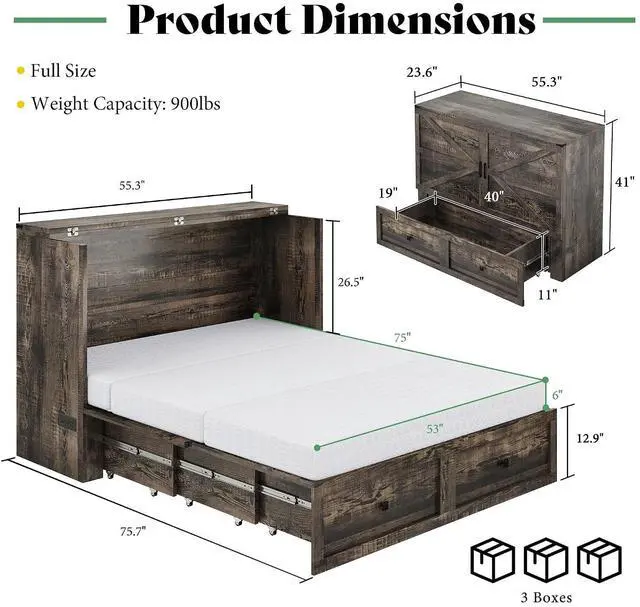 Alt view image 2 of 7 - Full Murphy Bed Cabinet with 6" Tri-Fold Memory Foam Mattress, Storage Drawer & Charging Station, Space-Saving Guest Bed for Home Office, Black Oak