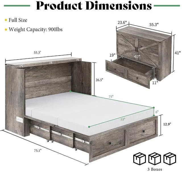 Alt view image 2 of 7 - Full Murphy Bed Cabinet with 6" Tri-Fold Memory Foam Mattress, Storage Drawer & Charging Station, Space-Saving Guest Bed for Home Office, Rustic Grey