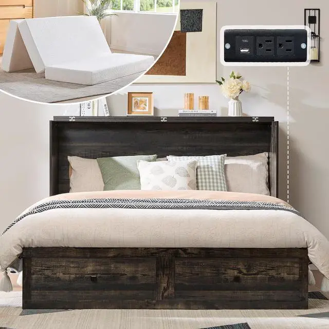 Main image of Queen Murphy Bed Cabinet with 6" Tri-Fold Memory Foam Mattress, Storage Drawer & Charging Station, Space-Saving Guest Bed for Home Office, Black Oak
