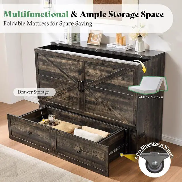 Alt view image 3 of 7 - Queen Murphy Bed Cabinet with 6" Tri-Fold Memory Foam Mattress, Storage Drawer & Charging Station, Space-Saving Guest Bed for Home Office, Black Oak
