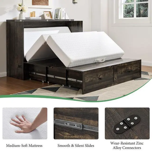 Alt view image 6 of 7 - Queen Murphy Bed Cabinet with 6" Tri-Fold Memory Foam Mattress, Storage Drawer & Charging Station, Space-Saving Guest Bed for Home Office, Black Oak