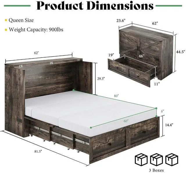 Alt view image 2 of 7 - Queen Murphy Bed Cabinet with 6" Tri-Fold Memory Foam Mattress, Storage Drawer & Charging Station, Space-Saving Guest Bed for Home Office, Black Oak