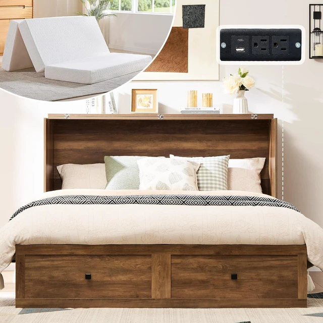 Main image of Full Murphy Bed Cabinet with 6" Tri-Fold Memory Foam Mattress, Storage Drawer & Charging Station, Space-Saving Guest Bed for Home Office, Barnwood