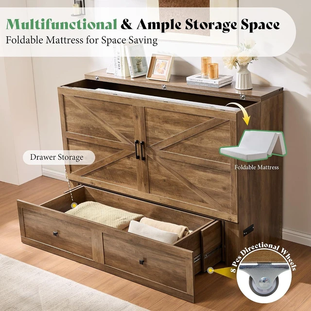Alt view image 3 of 7 - Full Murphy Bed Cabinet with 6" Tri-Fold Memory Foam Mattress, Storage Drawer & Charging Station, Space-Saving Guest Bed for Home Office, Barnwood