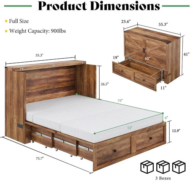 Alt view image 2 of 7 - Full Murphy Bed Cabinet with 6" Tri-Fold Memory Foam Mattress, Storage Drawer & Charging Station, Space-Saving Guest Bed for Home Office, Barnwood