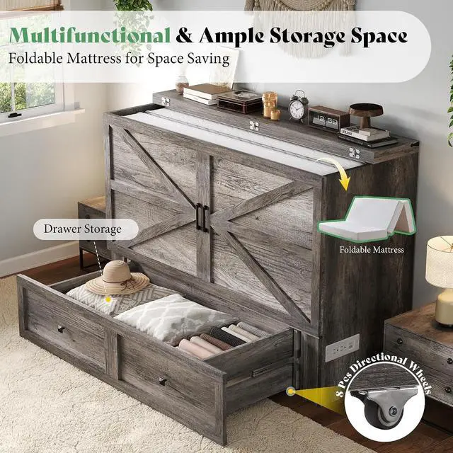 Alt view image 3 of 7 - Full Murphy Bed Cabinet with 6" Tri-Fold Memory Foam Mattress, Storage Drawer & Charging Station, Space-Saving Guest Bed for Home Office, Rustic Grey