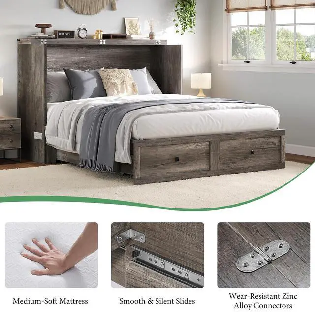Alt view image 7 of 7 - Full Murphy Bed Cabinet with 6" Tri-Fold Memory Foam Mattress, Storage Drawer & Charging Station, Space-Saving Guest Bed for Home Office, Rustic Grey