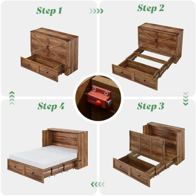 Alt view image 5 of 7 - Full Murphy Bed Cabinet with 6" Tri-Fold Memory Foam Mattress, Storage Drawer & Charging Station, Space-Saving Guest Bed for Home Office, Barnwood