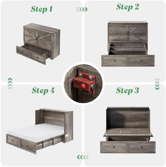 Alt view image 5 of 7 - Full Murphy Bed Cabinet with 6" Tri-Fold Memory Foam Mattress, Storage Drawer & Charging Station, Space-Saving Guest Bed for Home Office, Rustic Grey