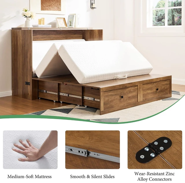 Alt view image 6 of 7 - Full Murphy Bed Cabinet with 6" Tri-Fold Memory Foam Mattress, Storage Drawer & Charging Station, Space-Saving Guest Bed for Home Office, Barnwood
