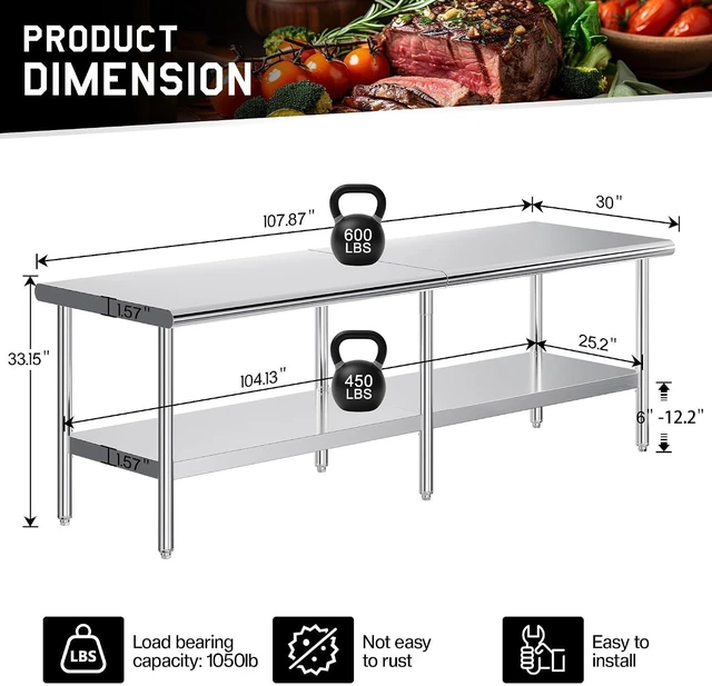Alt view image 2 of 7 - 30x108 Inch Stainless Steel Work Table with Adjustable Undershelf, Heavy Duty Prep Table with Lower Shelf for Kitchen, Restaurant, Home and Commercial Use