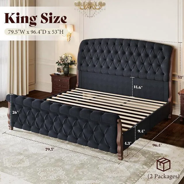 Alt view image 2 of 7 - Upholstered King Bed Frame, 53" Tall Sleigh Bed with Button Tufted Chenille Headboard and Footboard, Platform Bed with Carved Solid Wood Legs, No Box Spring Needed, Black