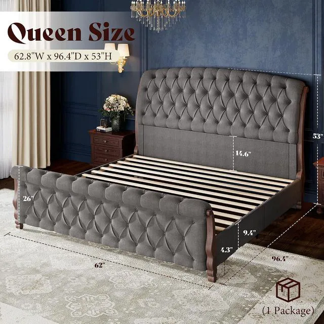 Alt view image 2 of 7 - Upholstered Queen Bed Frame, 53" Tall Sleigh Bed with Button Tufted Chenille Headboard and Footboard, Platform Bed with Carved Solid Wood Legs, No Box Spring Needed, Dark Gray