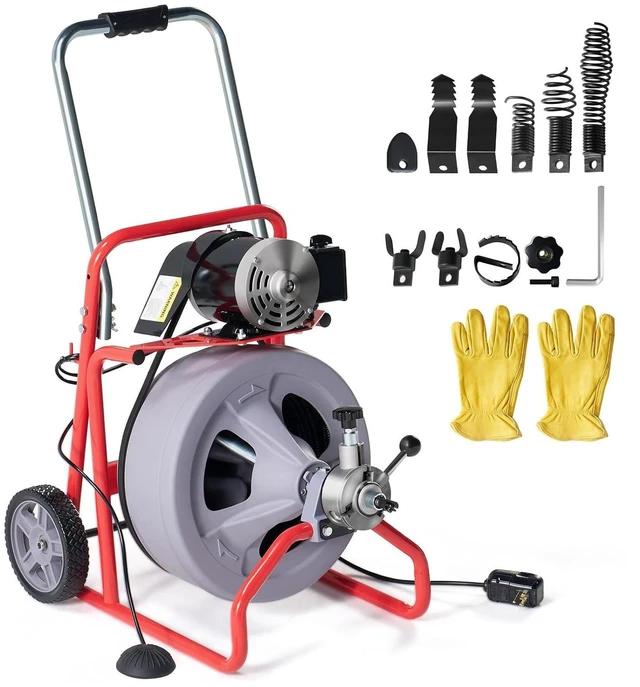 Main image of 75 FT x 1/2 inch Electric Drain Cleaner Machine with Auto-Feed & 9 Cutters, Sewer Snake Auger for 14 Inch Pipes, Foot Switch & Wheels, Ideal for Home & Commercial Use, Grey/Red