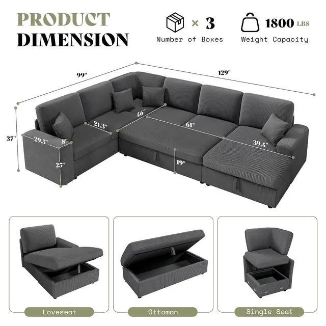 Alt view image 2 of 7 - 129 Inch Sectional Couches for Living Room,Sectional Sofa with Storage & Ottoman,Modular Sectional Couch Converts to Sleeper,Cloud Couch Sectional for Large Space with Corduroy,Grey