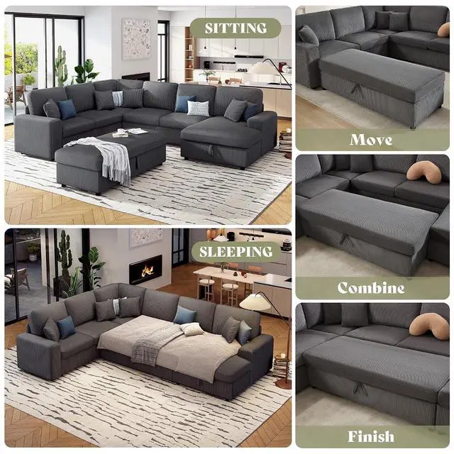 Alt view image 3 of 7 - 129 Inch Sectional Couches for Living Room,Sectional Sofa with Storage & Ottoman,Modular Sectional Couch Converts to Sleeper,Cloud Couch Sectional for Large Space with Corduroy,Grey