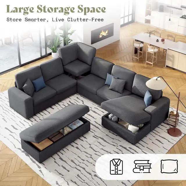 Alt view image 4 of 7 - 129 Inch Sectional Couches for Living Room,Sectional Sofa with Storage & Ottoman,Modular Sectional Couch Converts to Sleeper,Cloud Couch Sectional for Large Space with Corduroy,Grey