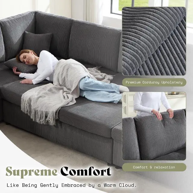 Alt view image 5 of 7 - 129 Inch Sectional Couches for Living Room,Sectional Sofa with Storage & Ottoman,Modular Sectional Couch Converts to Sleeper,Cloud Couch Sectional for Large Space with Corduroy,Grey