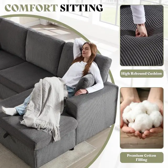 Alt view image 6 of 7 - 129 Inch Sectional Couches for Living Room,Sectional Sofa with Storage & Ottoman,Modular Sectional Couch Converts to Sleeper,Cloud Couch Sectional for Large Space with Corduroy,Grey