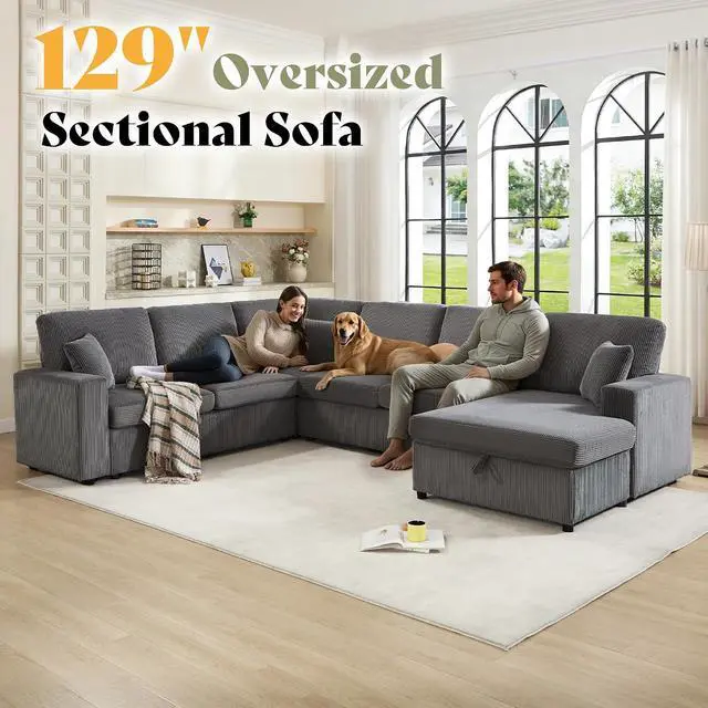 Alt view image 7 of 7 - 129 Inch Sectional Couches for Living Room,Sectional Sofa with Storage & Ottoman,Modular Sectional Couch Converts to Sleeper,Cloud Couch Sectional for Large Space with Corduroy,Grey